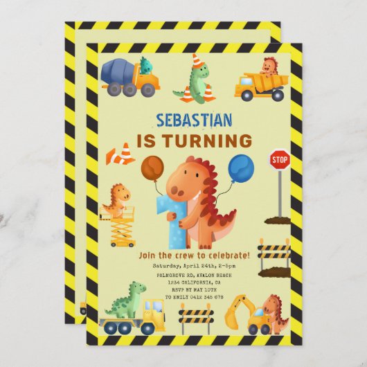 Invitation Dinosaur Construction, Dino Crew 1er Anniversaire (Devant / Derrière)