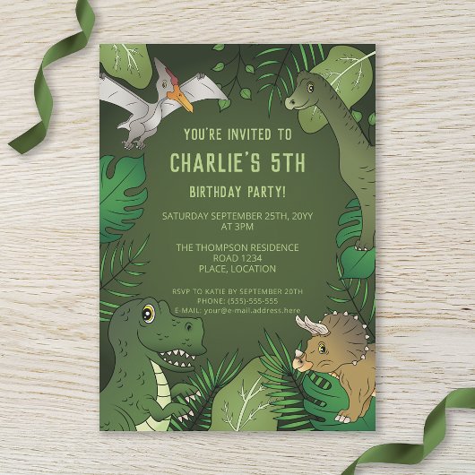 Invitation Dinosaur Cute Green Tropical Jungle fête d'anniver
