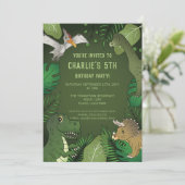 Invitation Dinosaur Cute Green Tropical Jungle fête d'anniver (Debout devant)