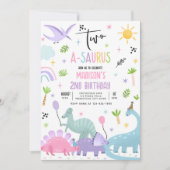 Invitation Dinosaur Deux-A-Saurs Rose T-Rex 2e fête d'anniver (Devant)