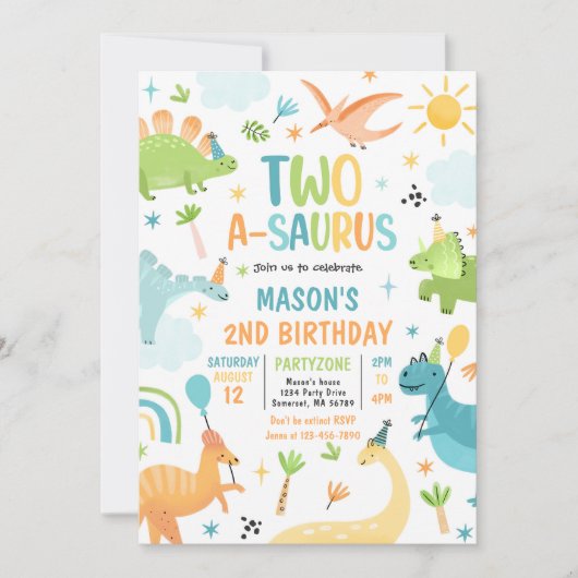 Invitation Dinosaur Deux-A-Saurus 2e fête d'anniversaire (Devant)