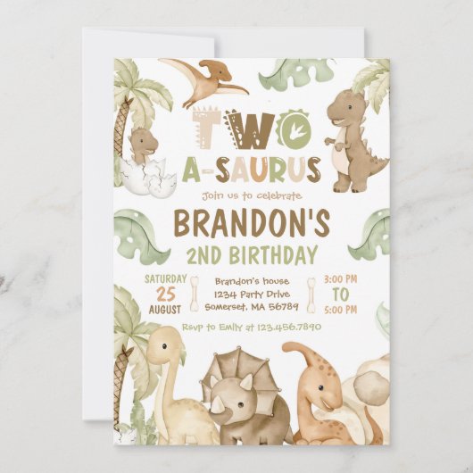 Invitation Dinosaur Deux-A-Saurus 2e fête d'anniversaire (Devant)