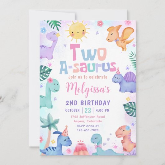 Invitation Dinosaur Deux-A-Saurus 2e fête d'anniversaire (Devant)