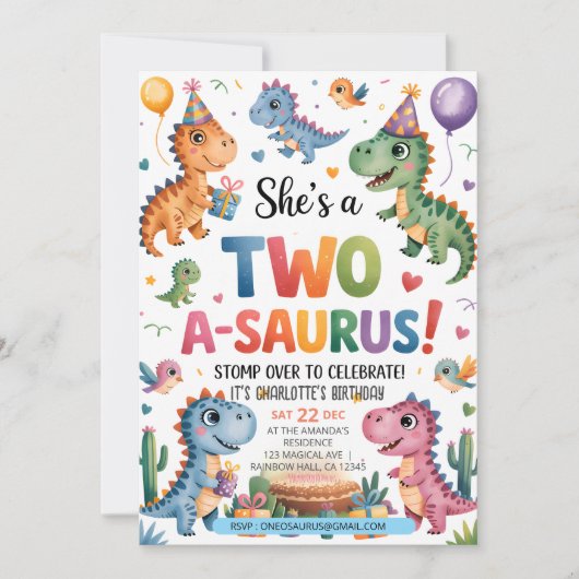 Invitation Dinosaur deux A-Saurus 2e fête d'anniversaire T-Re (Devant)