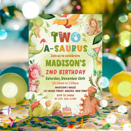 Invitation Dinosaur Deux-A-Saurus Vert 2e Anniversaire