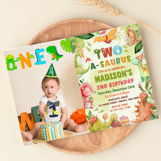 Invitation Dinosaur Deux-A-Saurus Vert 2e anniversaire Photo