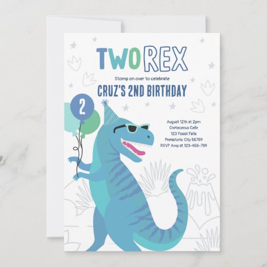 Invitation Dinosaur Deux Rex 2e Anniversaire fête T-Rex (Devant)