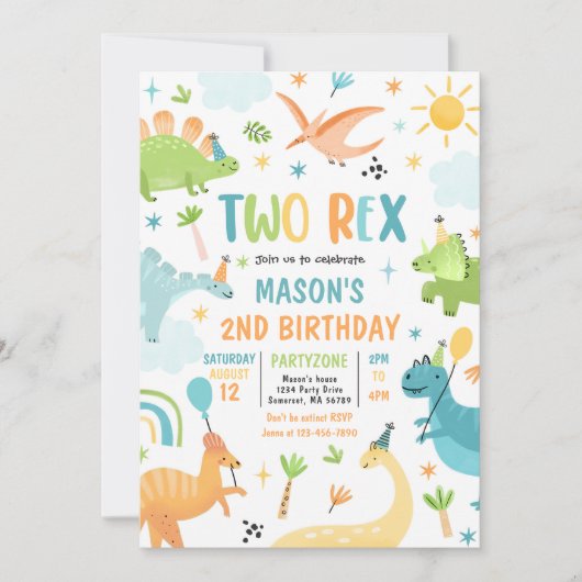 Invitation Dinosaur Deux Rex 2e fête d'anniversaire (Devant)