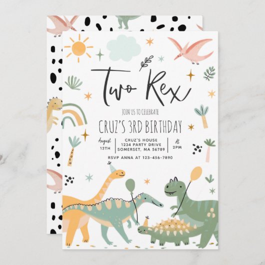 Invitation Dinosaur Deux Rex 2e fête d'anniversaire (Devant / Derrière)