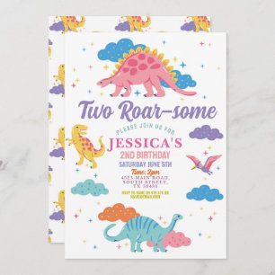 Invitation Dinosaur Deux Rex Cute Girls 2e Pink Party