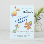 Invitation Dinosaur dino fête anniversaire de enfant bleu drô (Debout devant)