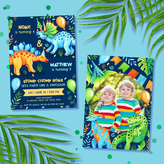 Invitation Dinosaur Double Celebration Boys Birthday Photo