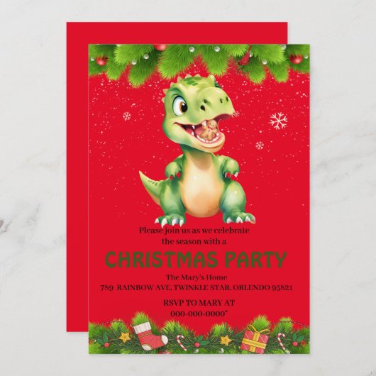 Invitation Dinosaur drôle manger pain d'épices biscuits Noël (Devant / Derrière)