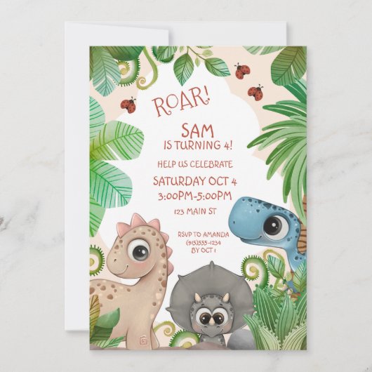 Invitation Dinosaur Enfants 4e anniversaire (Devant)