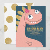 Invitation Dinosaur Faux Gold Pink Fun mignon fille enfants (Devant / Derrière)