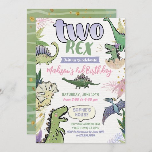 Invitation Dinosaur fête à thème 2e anniversaire (Devant / Derrière)