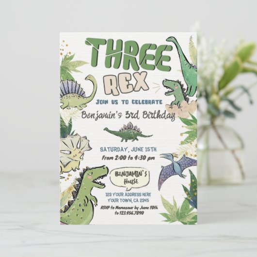 Invitation Dinosaur fête à thème 3e anniversaire, Trois Rex (Debout devant)