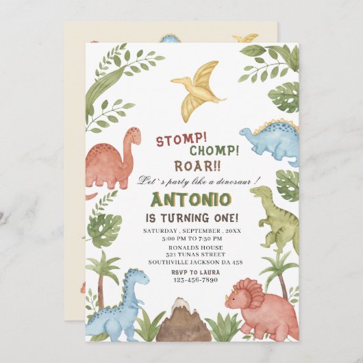 Invitation Dinosaur fête d'anniversaire (Devant / Derrière)