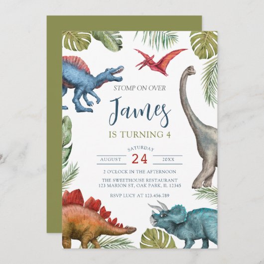 Invitation Dinosaur fête d'anniversaire (Devant / Derrière)