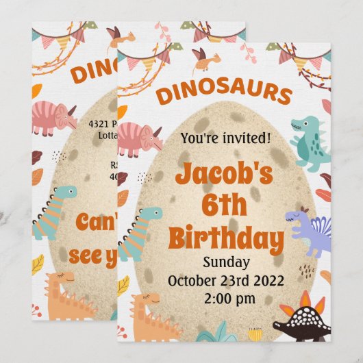 Invitation Dinosaur fête d'anniversaire avec gros Oeuf Dino P (Devant / Derrière)