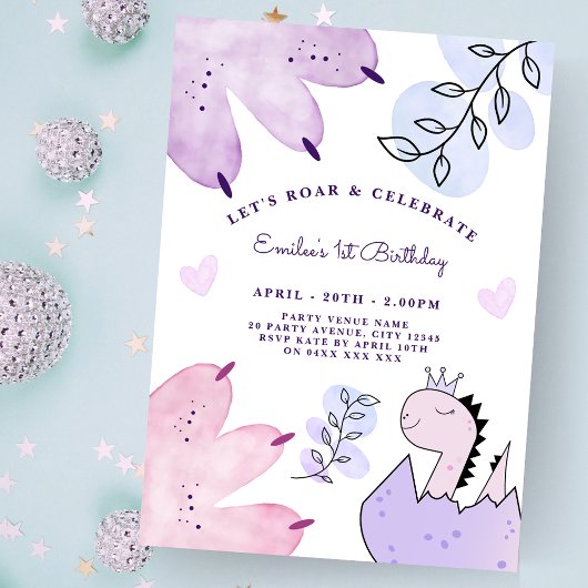 Invitation Dinosaur fête d'anniversaire rose pourpre