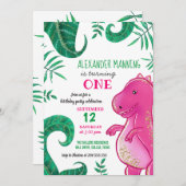 Invitation Dinosaur fête d'anniversaire | Rose T-Rex mignon (Devant / Derrière)