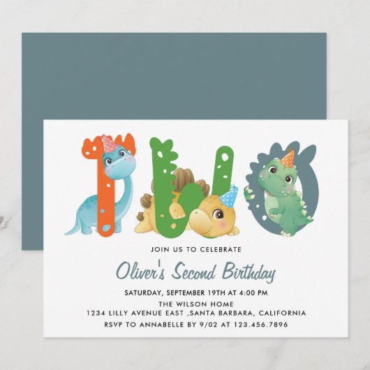 Invitation Dinosaur fête du deuxième anniversaire (Devant / Derrière)