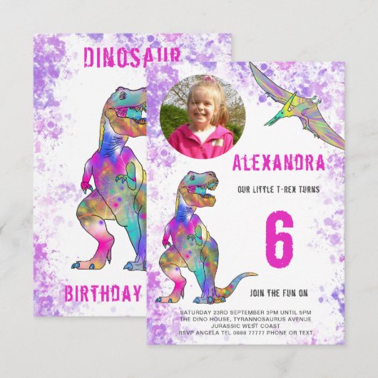 Invitation Dinosaur Filles Anniversaire Photo (Devant / Derrière)