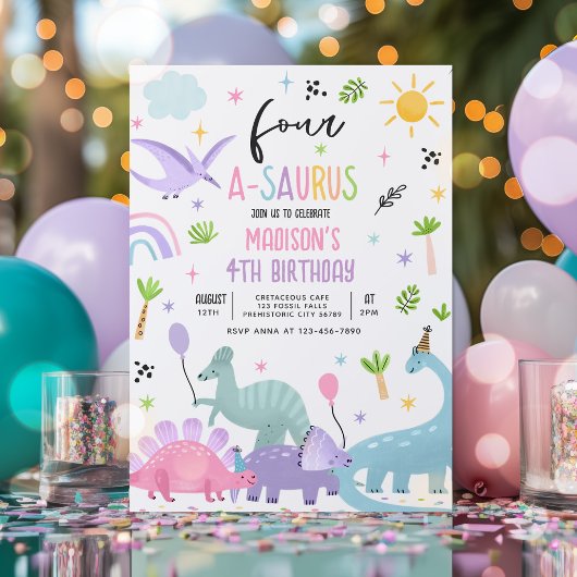 Invitation Dinosaur Four-A-Saurs Pink 4ème anniversaire