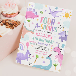 Invitation Dinosaur Four-A-Saurus 4e fête d'anniversaire
