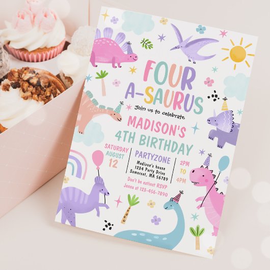 Invitation Dinosaur Four-A-Saurus 4e fête d'anniversaire