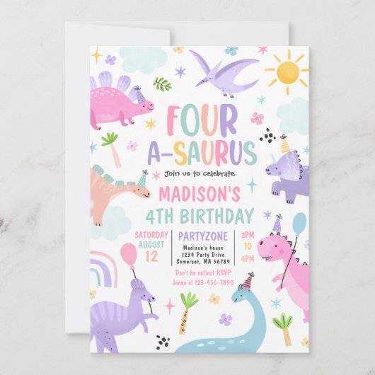 Invitation Dinosaur Four-A-Saurus 4e fête d'anniversaire (Devant)