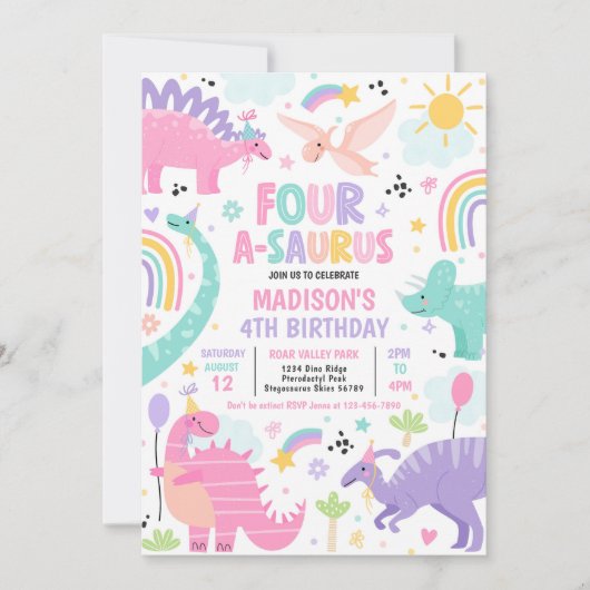 Invitation Dinosaur Four-A-Saurus 4e fête d'anniversaire (Devant)