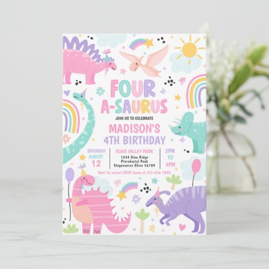 Invitation Dinosaur Four-A-Saurus 4e fête d'anniversaire (Debout devant)
