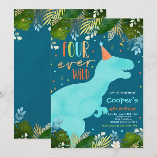 Invitation Dinosaur Four Ever Wild Boy Dinosaur 4e anniversai (Devant / Derrière)