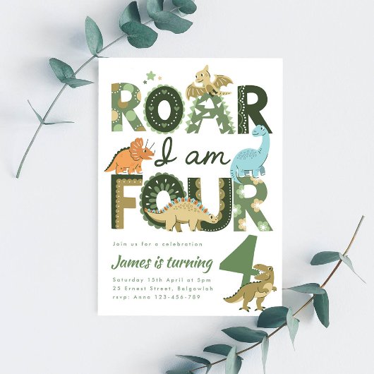 Invitation Dinosaur Fourth Birthday Invite, Roar I'm Four
