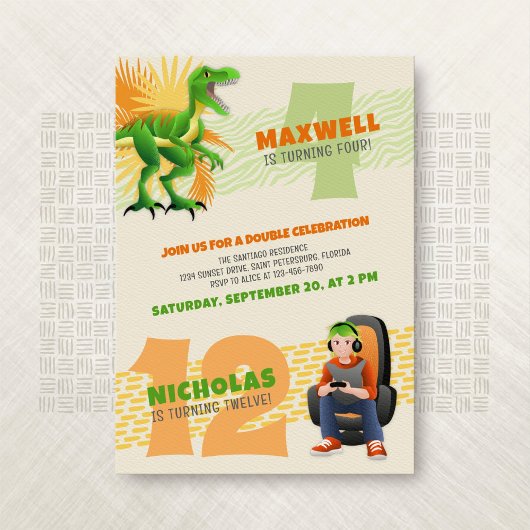 Invitation Dinosaur Gamer Joint Double Anniversaire Invitatio