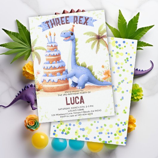Invitation Dinosaur Gâteau Trois Rex Aquarelle Garçon Anniver