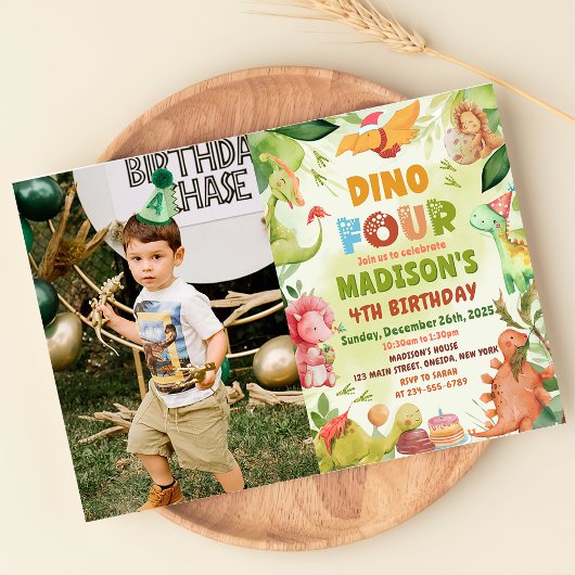 Invitation Dinosaur Green Dino Quatre 4e anniversaire Photo
