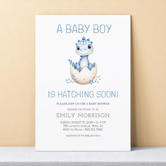 Invitation Dinosaur Hatching Bientôt Baby shower Garçon bleu