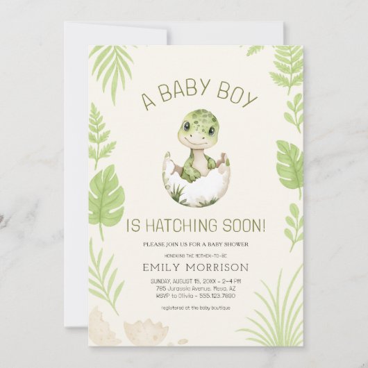 Invitation Dinosaur Hatching Soon Baby Boy Shower  (Devant)