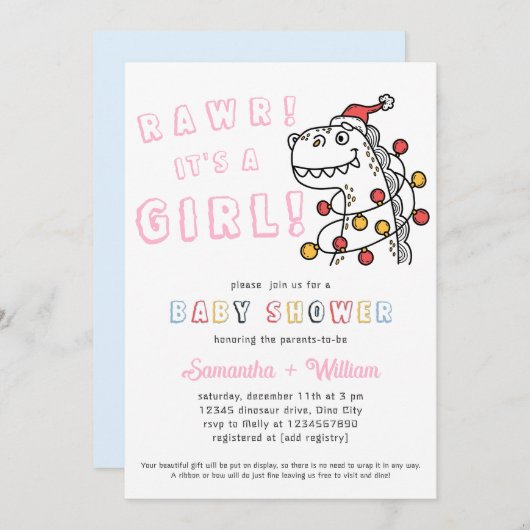 Invitation Dinosaur hiver Coed fille de Noël Baby shower (Devant / Derrière)
