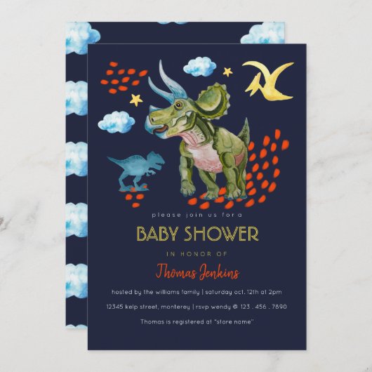 Invitation Dinosaur in watercolor Baby Shower invite (Devant / Derrière)