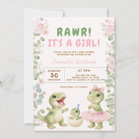 Invitation Dinosaur It's a Girl Dinosaur Baby Shower (Devant)