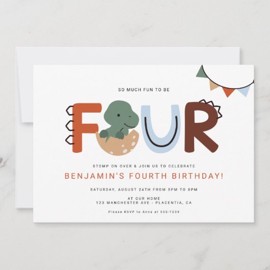 Invitation Dinosaur moderne 4e fête d'anniversaire (Devant)