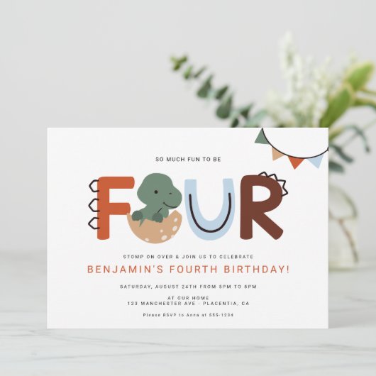 Invitation Dinosaur moderne 4e fête d'anniversaire (Debout devant)