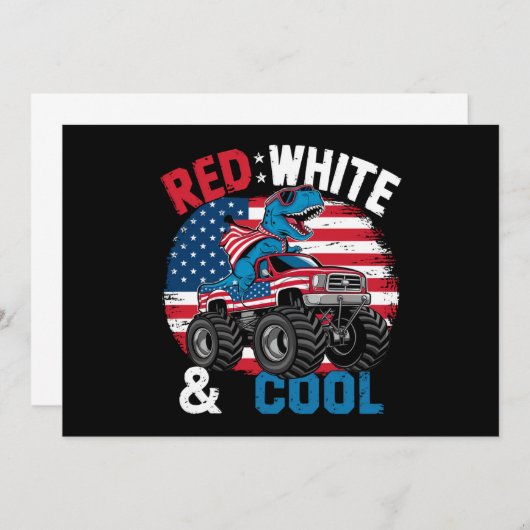 Invitation Dinosaur Monster Truck Dino 4 juillet Drapeau Garç (Devant / Derrière)