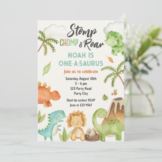 Invitation Dinosaur One-A-Saurs 1er anniversaire de fête Invi (Debout devant)