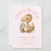 Invitation Dinosaur One-A-Saurus 1er Anniversaire Fille rose (Devant)