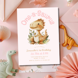 Invitation Dinosaur One-A-Saurus 1er Anniversaire Fille rose